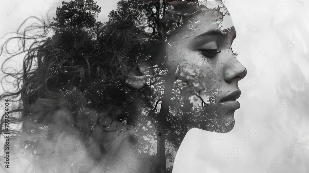 Woman double exposure silhouette black and white