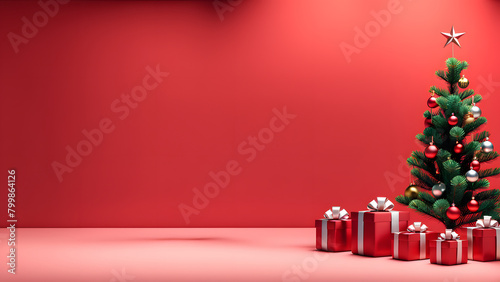 A red background with a Christmas tree and presents