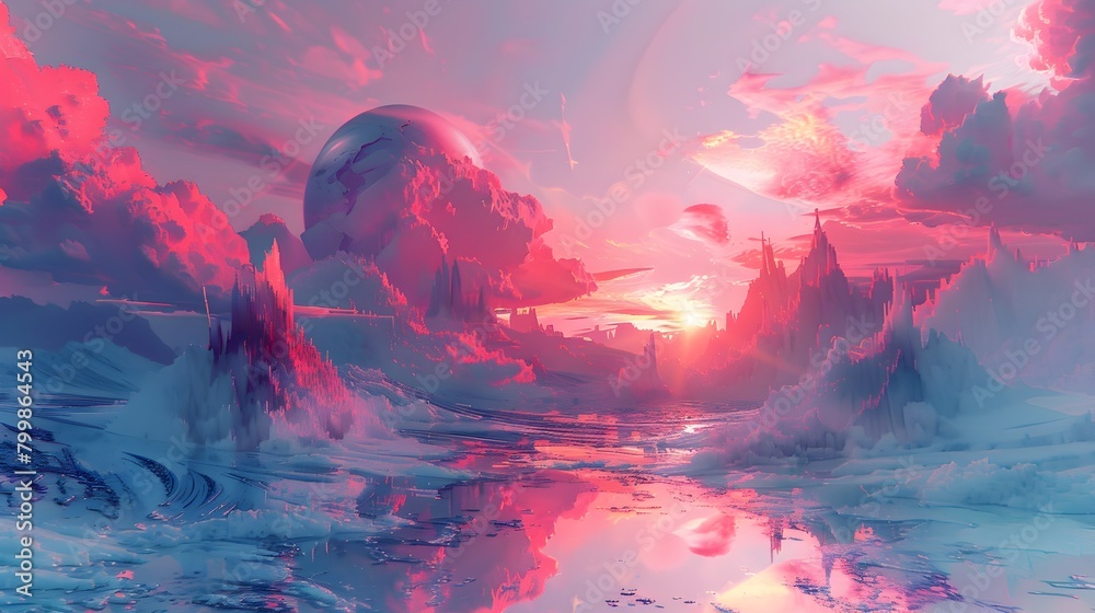 Fototapeta premium Ethereal Alien Landscape with Dramatic Sunset and Celestial Skies