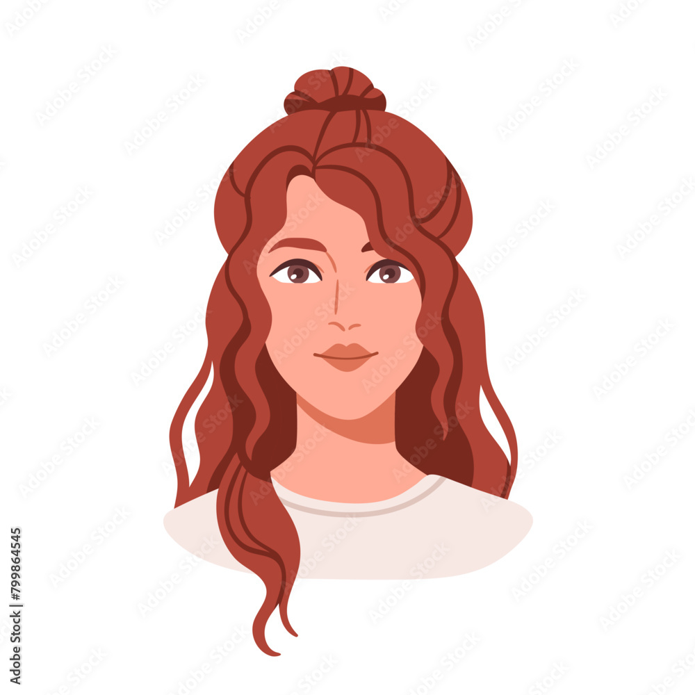 Young woman avatar, head portrait with curly hairstyle. Modern female character, pretty beautiful girl with stylish hair bun, wavy curls. Flat vector illustration isolated on white background Young woman avatar, head portrait with curly hairstyle. Modern female character, pretty beautiful girl with stylish hair bun, wavy curls. Flat vector illustration isolated on white background