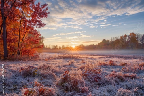 Sunrise over Frosty Autumn Meadow with Fiery Trees