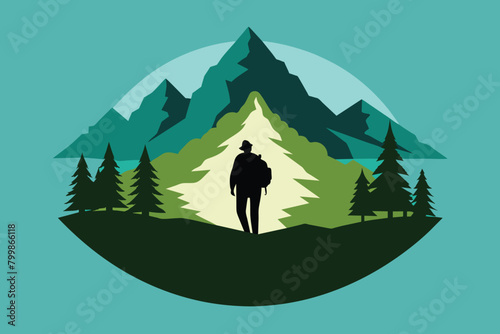 Mountain and forest vector illustration with silhouette of tourist vector