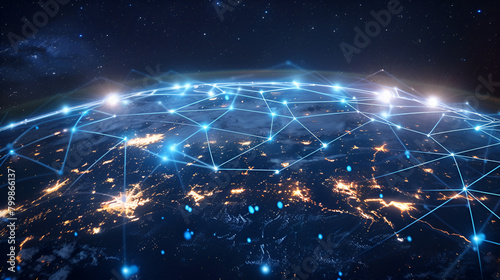 Connections system and global datas exchanges over the globe 3D rendering elements , Molecules technology with polygonal shapes on dark blue background