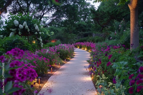 A botanical garden at dusk where flowers transition