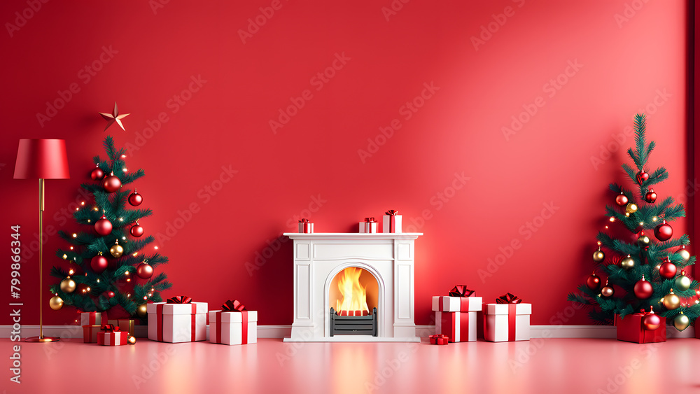 A red wall with a white fireplace and two green Christmas trees