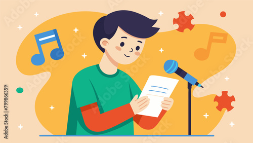 A teenager with autism proudly signing the lyrics to their favorite song during a school talent show.. Vector illustration