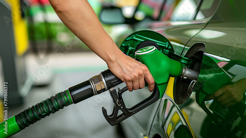 Person Filling Up Car Tank with Green Nozzle at Gas Station