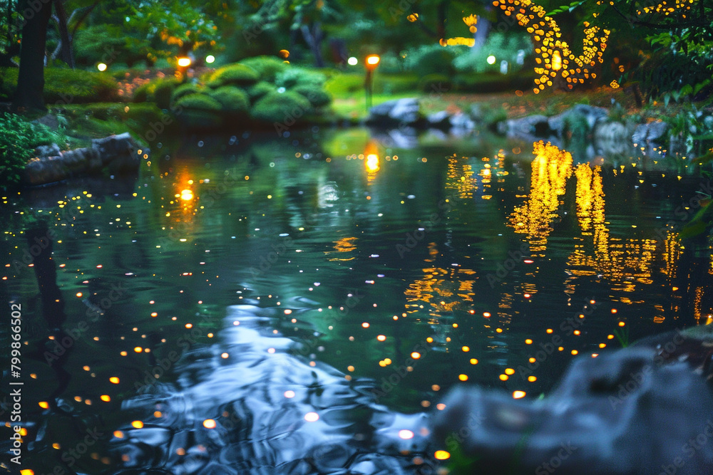 A serene pond reflects the soft glow of lights.