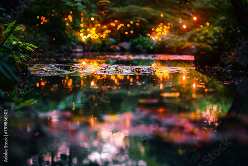 Soft  glowing lights reflected on a still pond 