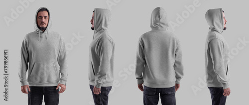 Oversized hoodie heahter template on brutal man in hood, isolated on background, front, side, back view. Set © olegphotor