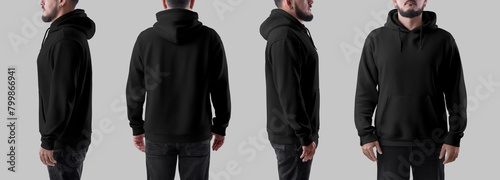 Mockup of a black oversized hoodie on a bearded man, front, side, back view, fashionable clothing for design, branding. Set © olegphotor