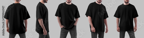 Oversized black t-shirt template on brutal man in jeans, front, side, back view, shirt isolated on background. Set. © olegphotor