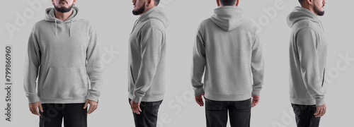 Oversized hoodie heahter template on bearded man, streetwear front, side, back view. Set © olegphotor