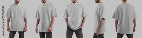 Heahter t-shirt oversized mockup on a bearded man in dark jeans, front, side, back view, clothing for design, branding, advertising. Set. © olegphotor