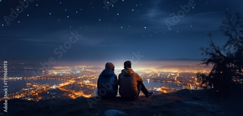 A silhouette of a couple sitting on the top of a hill under a dark starry sky and watching the lights of a large city  a night skyline below.