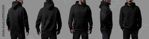 Mockup of black oversized hoodie on brutal man, isolated on background. Set of front, side, back © olegphotor