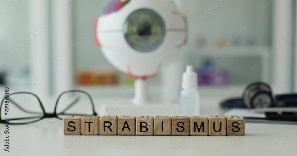 Word Strabismus against eyeball model and ophthalmology equipment on light table in hospital. Concept of vision problems and treatment instruments Word Strabismus against eyeball model and ophthalmology equipment on light table in hospital. Concept of vision problems and treatment instruments
