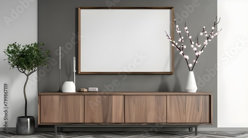 Mock up poster frame on cabinet in interior.3d rendering, mock up poster frame in industrial interior background, 