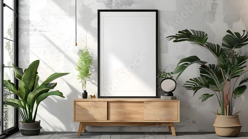 Mock up poster frame on cabinet in interior.3d rendering, mock up poster frame in industrial interior background, coffee shop, industrial style, 3D render Ai generated 