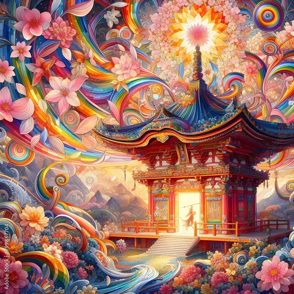 Chromatic Wave showcasing abstract colorful shapes shimmering in a cosmic display Chromatic Wave showcasing abstract colorful shapes shimmering in a cosmic display
