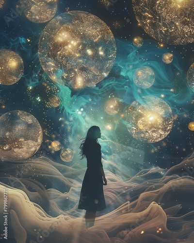 Fantasy art conceptual imaganiry woman facing lightning balls and nebula space