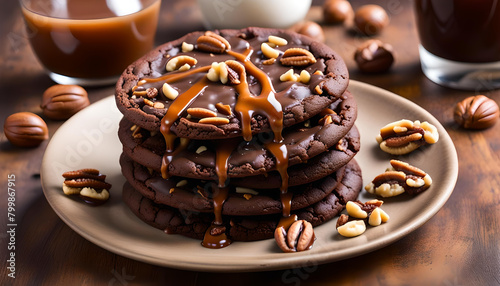 Chocolate caramel cookie with nuts and toffee syrup professional photo