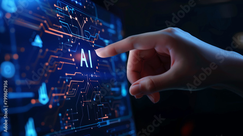 A hand is pointing to the word AI on a computer screen