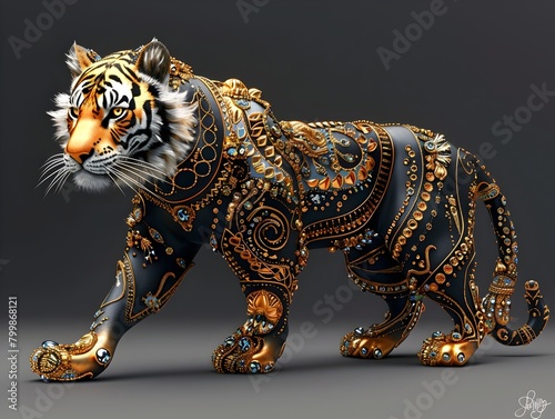 Ornately Patterned and Gilded Thai Inspired Tiger in Powerful Pose © jodkung