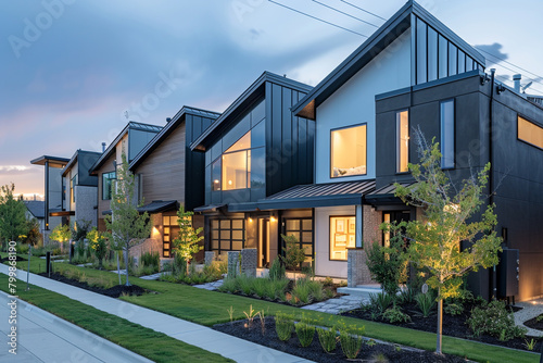 A suburban development with modern single-family homes boasting angular rooflines and expansive glazing. photo