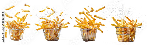 Set of French fries being sprinkled with salt on the stainless steel basket. isolated on transparent background.