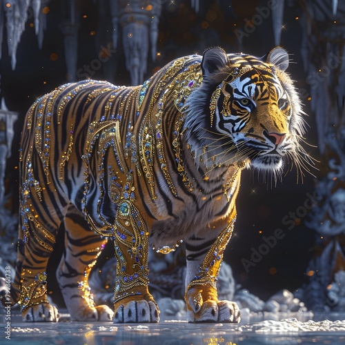 Powerful and Majestic Thai Tiger Showcases Breathtaking Golden and Jewel Toned Patterns in a Digital Painting Masterpiece © jodkung