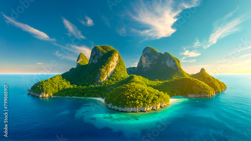A bird's-eye view of a beautiful island landscape in the middle of the sea. A tropical beach with water as clear as an emerald. photo