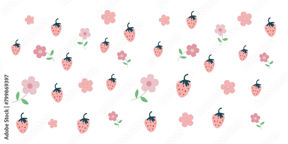 Vector cute summer pattern with strawberries and flowers on a white background, summer flat berries, summer theme, summer patterns for various products