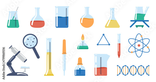 Science equipment. Glass laboratory tubes, dna molecule, burner and pipette. Chemistry or medical research tools, decent vector flat collection