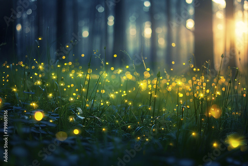 Softly glowing luminescent forest fireflies 