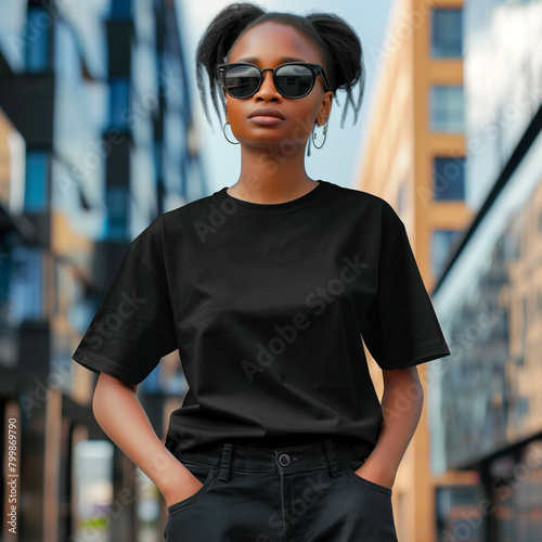 Modern urban style mockup with a young woman posing in black t-shirt and sunglasses.