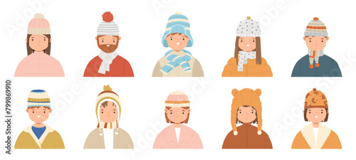 People winter portraits. Cute boys girls wear warm hats and scarves. Person in cold weather in scarf and hat. Stylish snugly vector characters