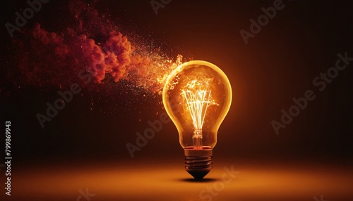 Light bulb emitting a warm glow from within, and colored particles seem like sparks or dust, innovation and ideas concept  photo