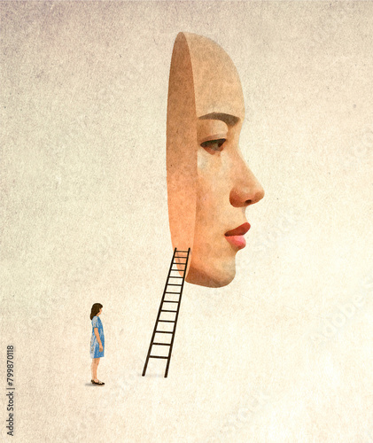 Illustration of woman looking at ladder leading to oversized female mask photo