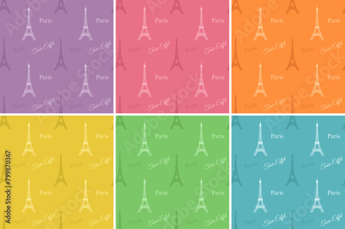 Set of Seamless Сolorful Patterns with Eiffel Tower