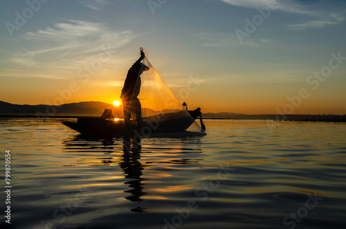 Fisherman of Bangpra Lake in action when fishing, Thailand