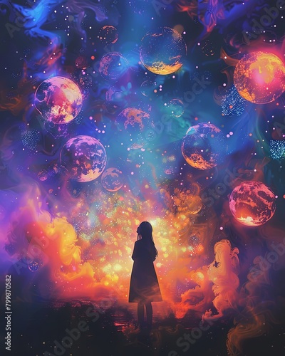 Fantasy art conceptual imaganiry woman facing lightning balls and nebula space