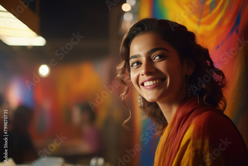 Young indian female painter smiling artistically, with a colorful art studio