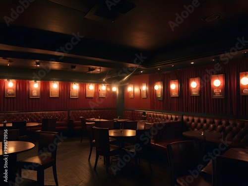 Interior of a restaurant with tables and chairs in a dark room