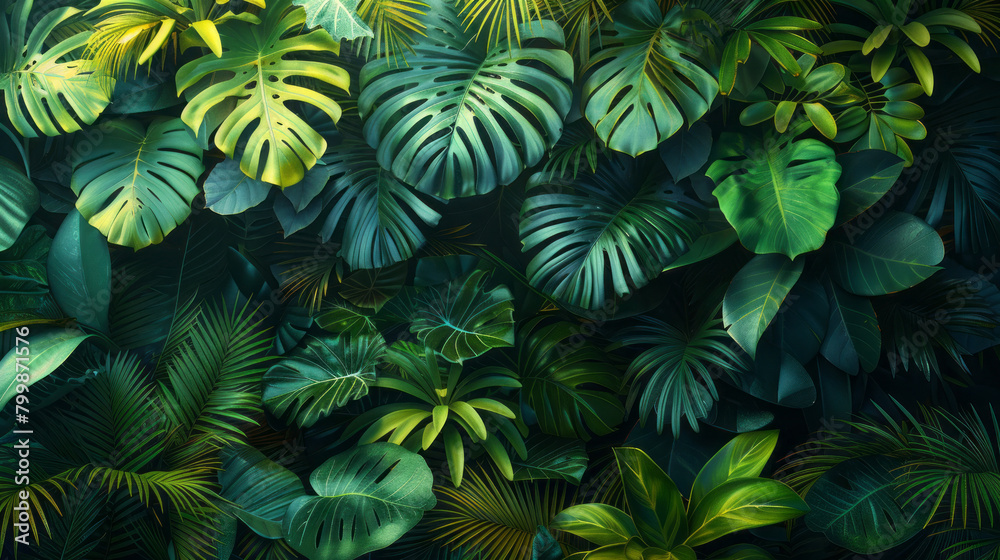 Tropical Flowers and Blue Monstera Leaves on a Dark Background