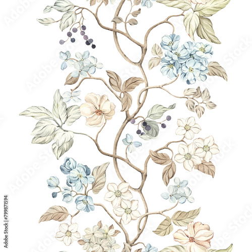 Floral vertical seamless pattern with abstract flowers  leaves and berries on branches. Hand drawn watercolor illustration for wallpapers or textile  isolated print for your nostalgic design.