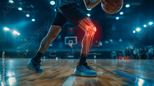 basketball player knee injury during play basketball competition match in stadium, with transparency highlight red bone injury effect, sport physical treatment and healthy concept © Nantiya
