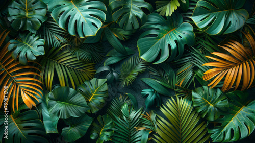 Tropical Flowers and Blue Monstera Leaves on a Dark Background