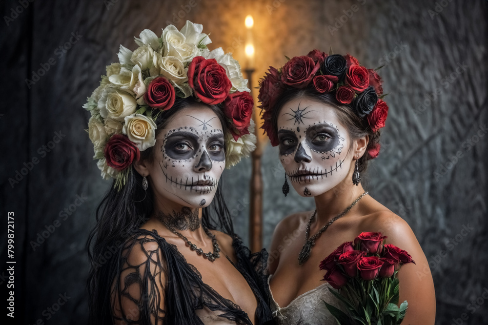 Obraz premium Catrina e la sua compagna- omaggio ai morti con rose rosse e volti dipinti di bianco