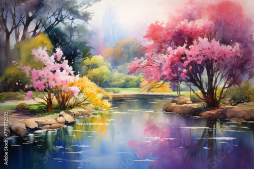 Vibrant watercolor painting of a serene garden scene, featuring blooming flowers and a small pond, abundant in natural light and shadow play